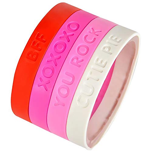 The Dreidel Company Valentine's Day Rubber Bracelets, BFF, You Rock, Cutie Pie, Xoxoxo, Red, Hot Pink, Pink, White, 8