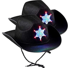 Load image into Gallery viewer, Black Sheriff Cowboy Hat, Light-Up Hay with Blinking Badge, Dress-Up Sheriff Themed Costume, Youth Size, 21.5&quot;
