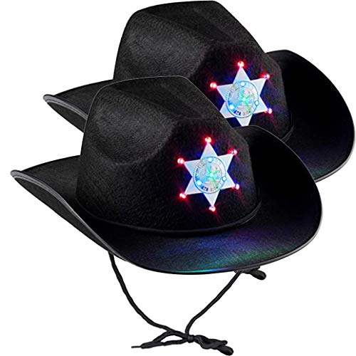 Black Sheriff Cowboy Hat, Light-Up Hay with Blinking Badge, Dress-Up Sheriff Themed Costume, Youth Size, 21.5