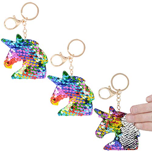 Rainbow Silver Unicorn Keychains, Flip Sequin Plush