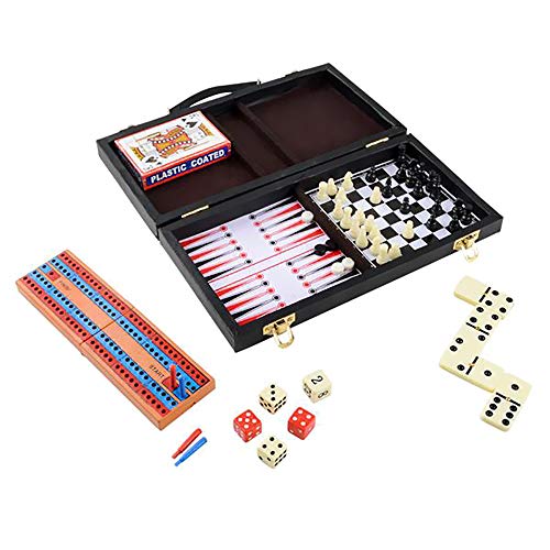 Board Games, Chess, Backgammon, Cards, Checkers, Dominoes, Cribbage, 6-in-1 Travel Case, 11