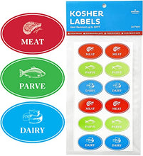 Load image into Gallery viewer, Assorted Kosher Labels, 8 Blue Dairy, 8 Red Meat, 8 Green Parve Stickers, Oven Proof up to 500°, Freezable, Microwavable, Dishwasher Safe, English, Color Coded Kosher Kitchen Tools
