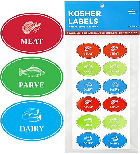 Assorted Kosher Labels, 8 Blue Dairy, 8 Red Meat, 8 Green Parve Stickers, Oven Proof up to 500°, Freezable, Microwavable, Dishwasher Safe, English, Color Coded Kosher Kitchen Tools