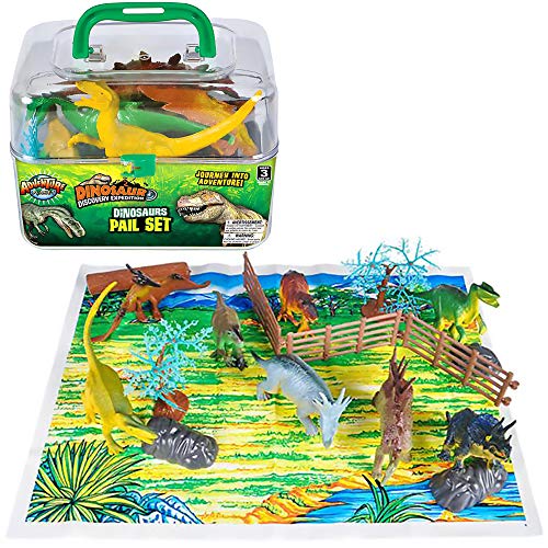 The Dreidel Company Dinosaur Pail Set Animal Toy, Mesh Bag Play Set, Toy for Kids, 20 Pieces