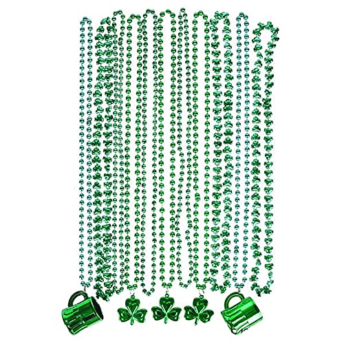 St. Patrick's Beer Mug Beads & Shamrock Necklace Variety Pack, Metallic Green, 33 inch (8mm) (12-Pack)